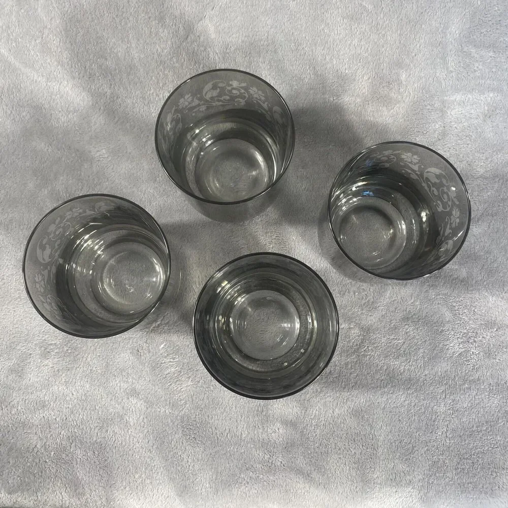 Crate & Barrel Krosno Drinking Glass Set 4‎ Poland Tinted Etched Smokey Low Ball